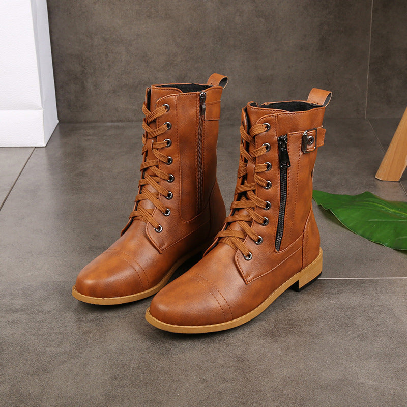 Women's ankle-high lace-up boots made of synthetic leather with a side zipper and durable tread sole Mune Fashion