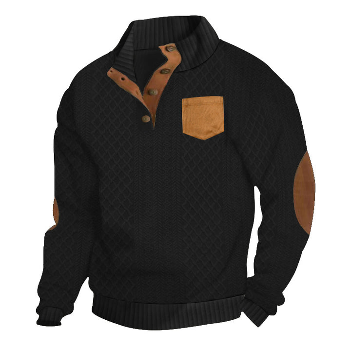 Men's Structured Cable Knit Sweatshirt with Half Button Placket, Faux Leather Patch Pocket & Elbow Patches Mune Fashion