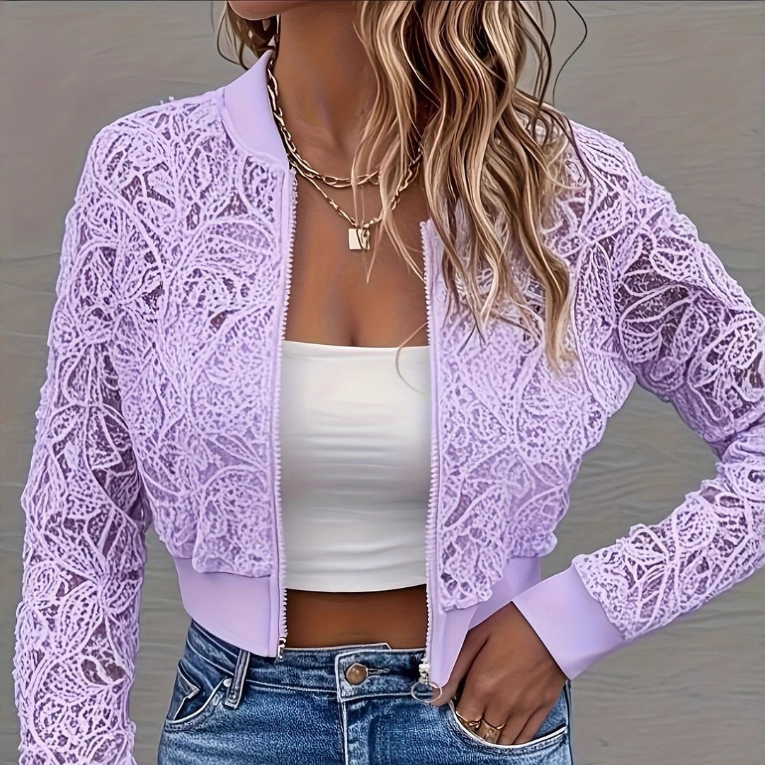 Women's Cropped Lace Bomber Jacket with Floral Crochet Look and Ribbed Cuffs Drune