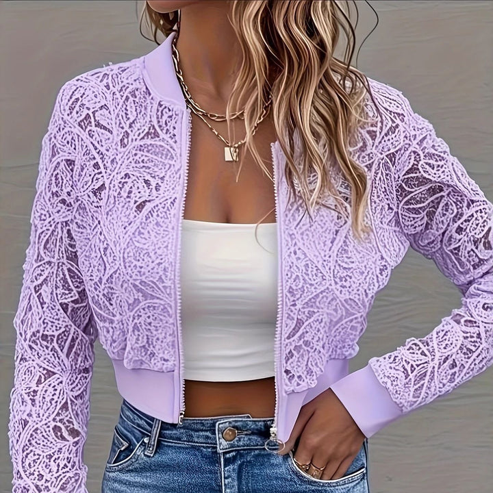 Women's Cropped Lace Bomber Jacket with Floral Crochet Look and Ribbed Cuffs Drune