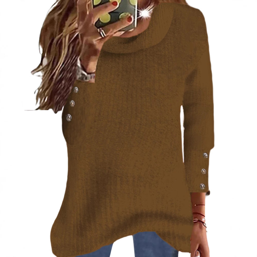 Ladies Loose Fine Knit Sweater with Round Neck and Decorative Button Placket on the Sleeves Mune Fashion