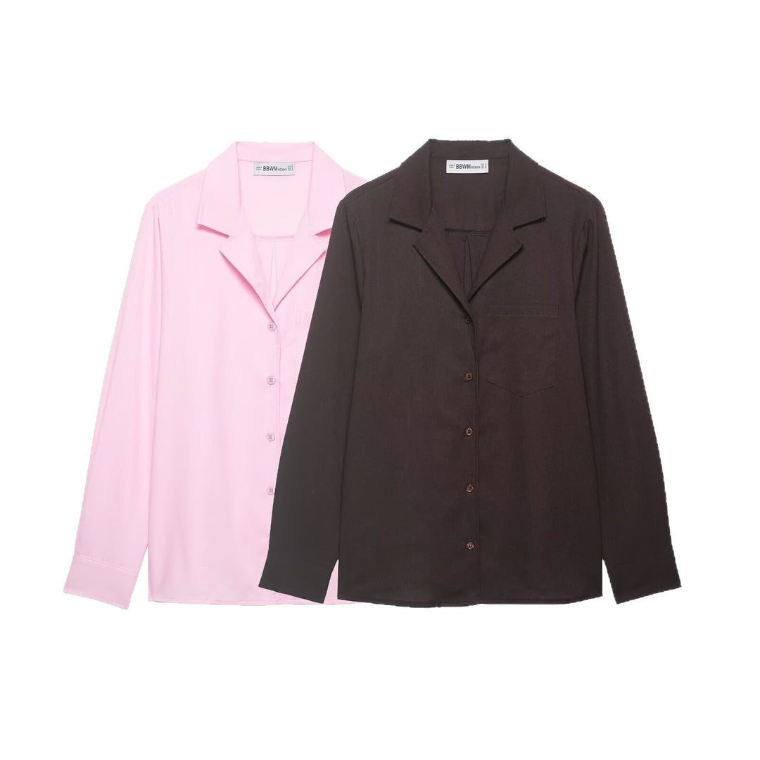 Women Loose Shirt with Lapel Collar, Full Button Placket and Chest Pocket Mune Fashion