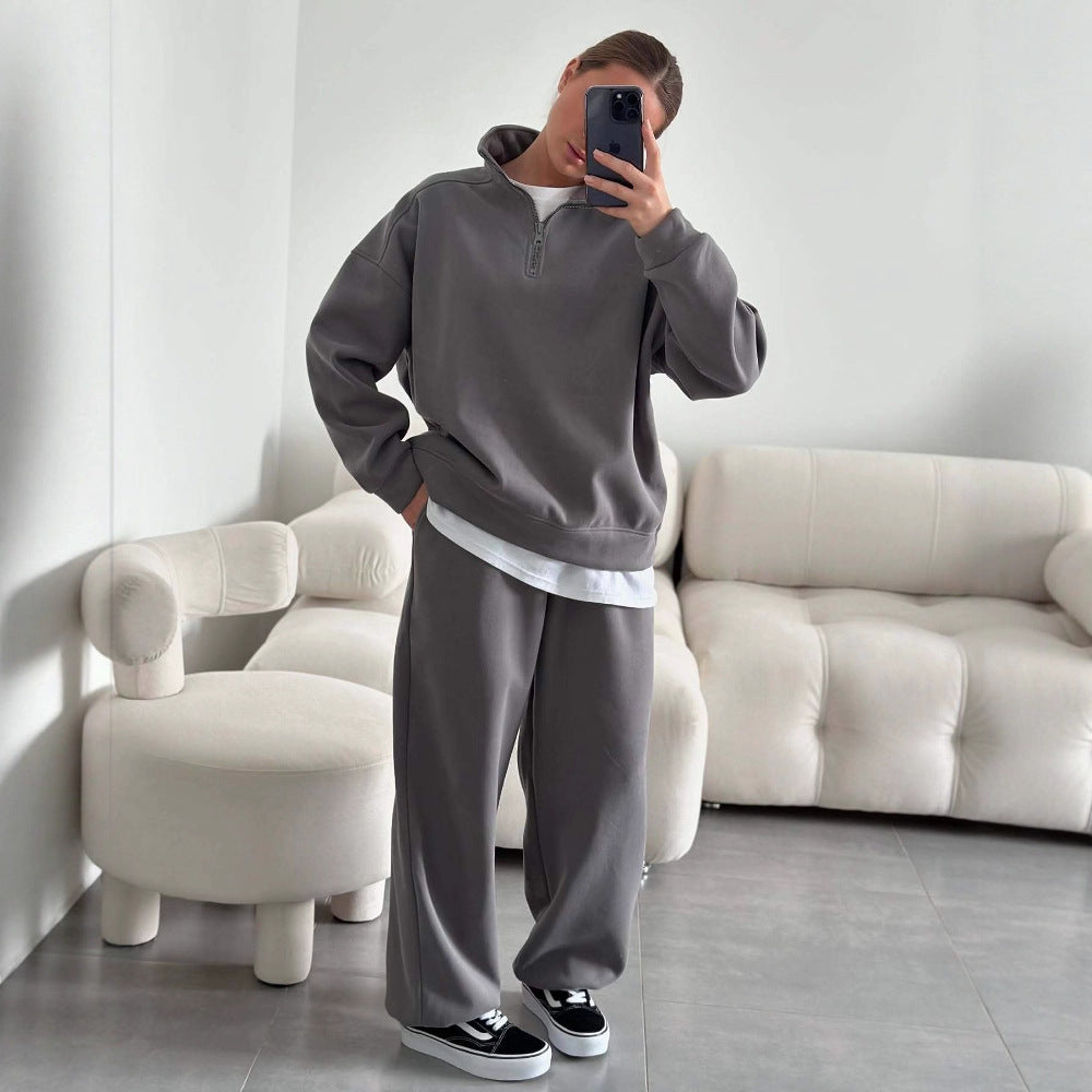 Women nan Oversize Half-zip Pullover with Stand-up Collar and Wide Lounge Pants Set Mune Fashion