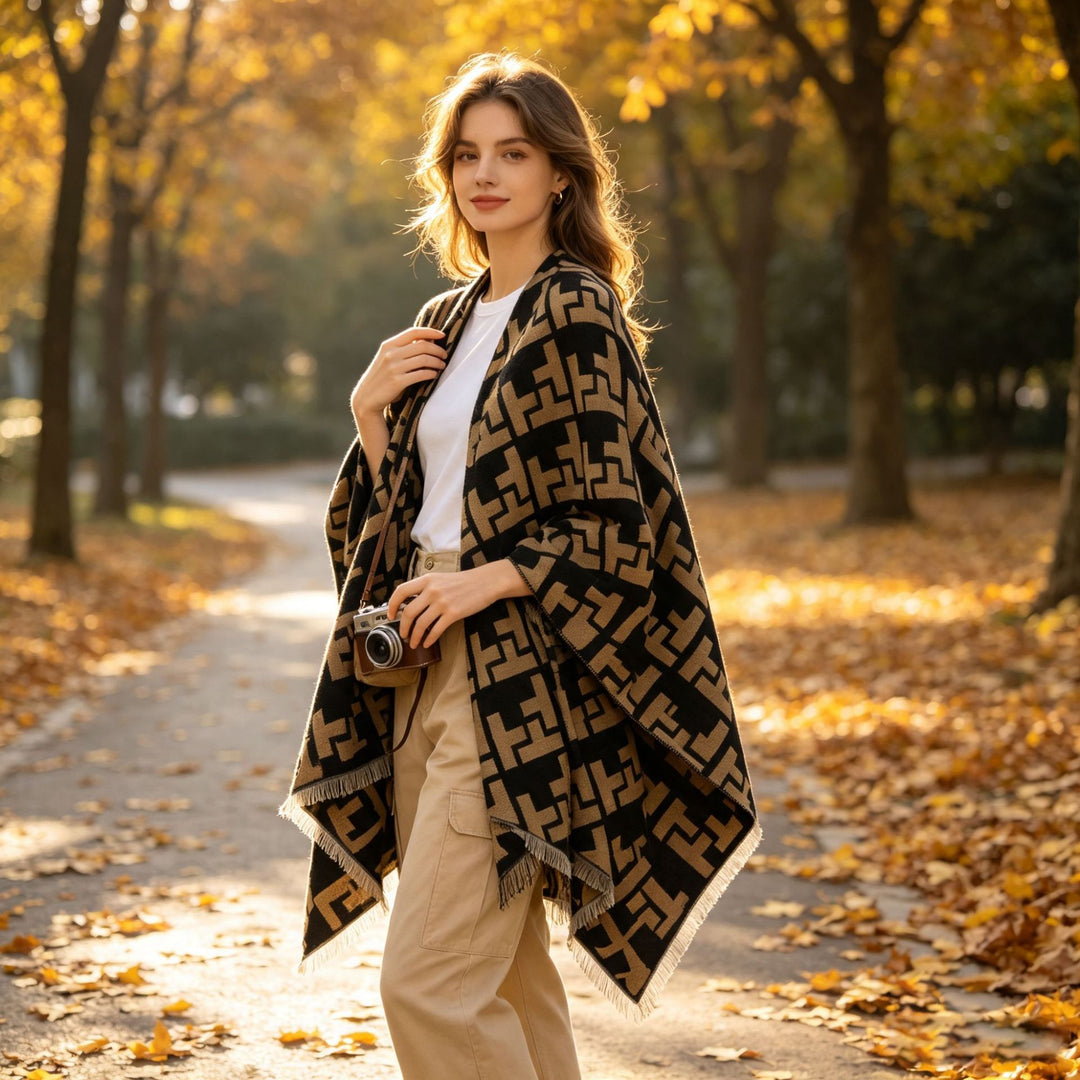 Women's Oversize Cape with Geometric Jacquard and Fringe Hem Mune Fashion