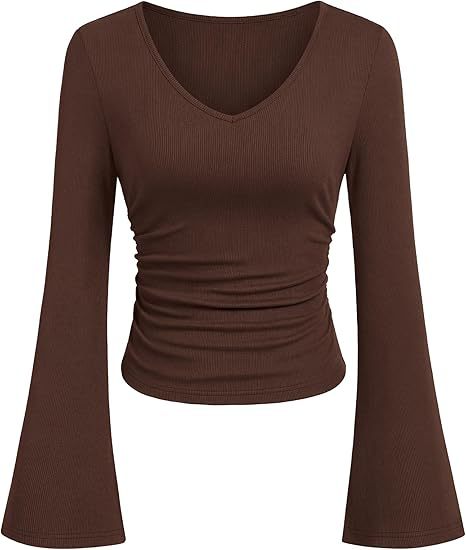 Women's Ribbed Crop Top with V-Neck, Tailored Gathering and Flared Trumpet Sleeves Mune Fashion
