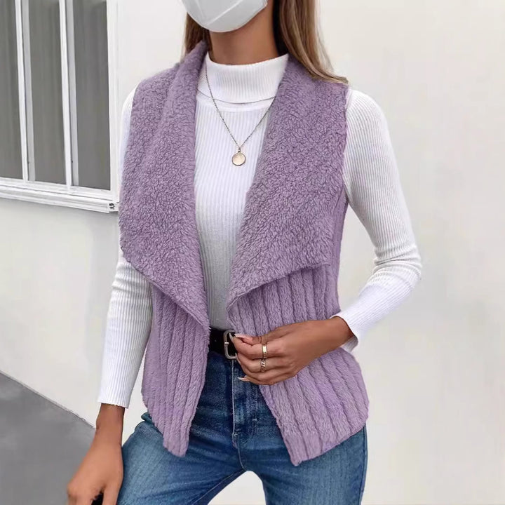 Women's cozy sleeveless teddy fleece vest with large shawl collar and textured ribbed look Mune Fashion