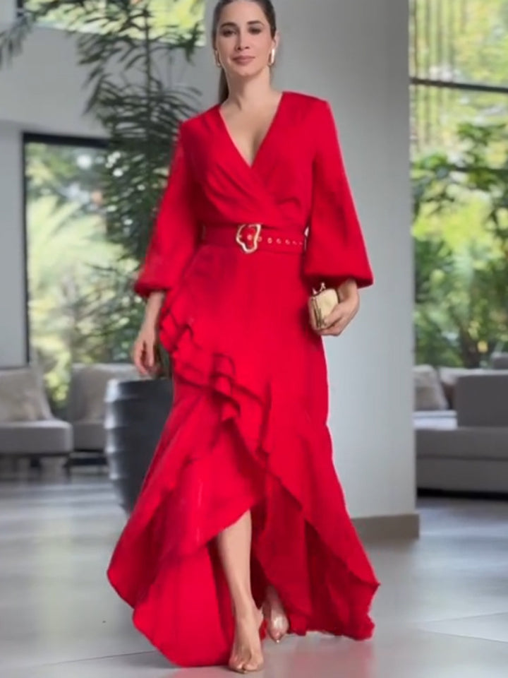 Women's Elegant Wrap Maxi Dress with Ruffles, Fitted Belt & Wide Bell Sleeves Mune Fashion