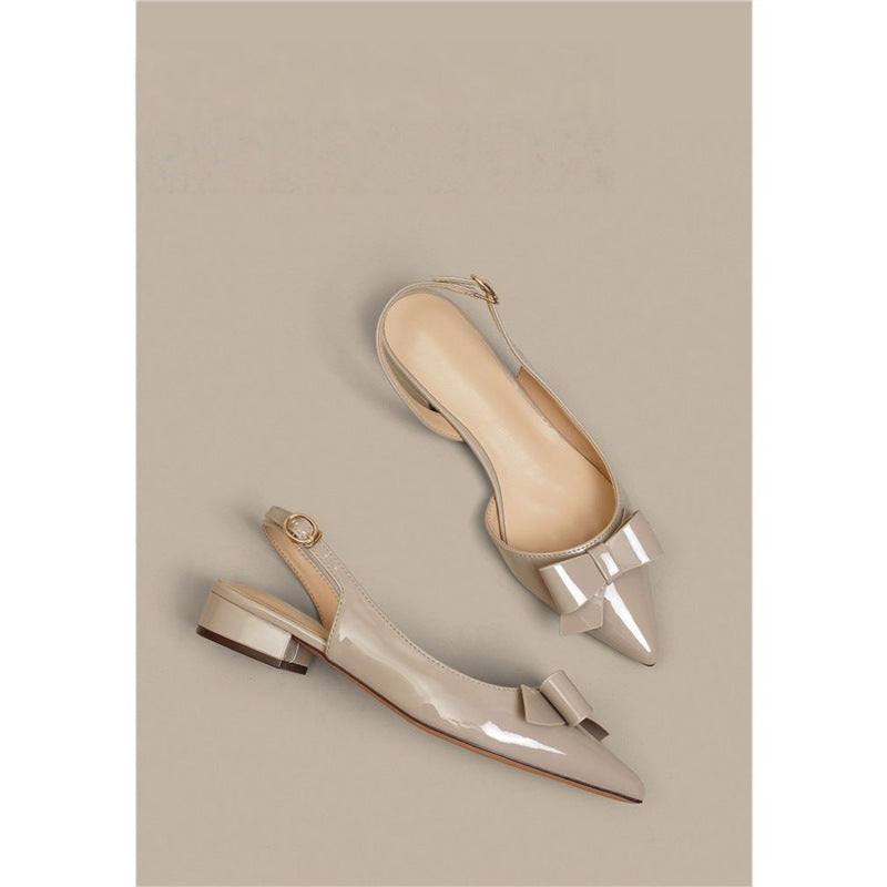 Women Elegant Pointed Toe Slingback Pumps in Vintage Look with Low Block Heel and Bow Application Mune Fashion