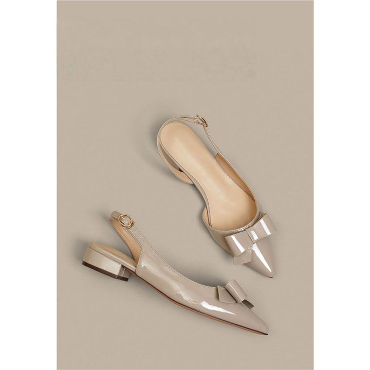 Women Elegant Pointed Toe Slingback Pumps in Vintage Look with Low Block Heel and Bow Application Mune Fashion