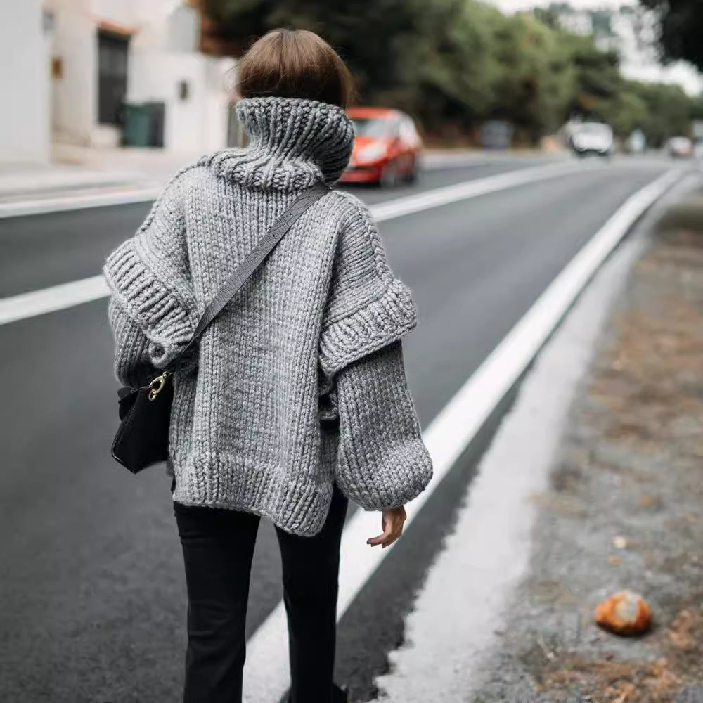 Women Oversize Chunky Knit Sweater with High Turtleneck Mune Fashion