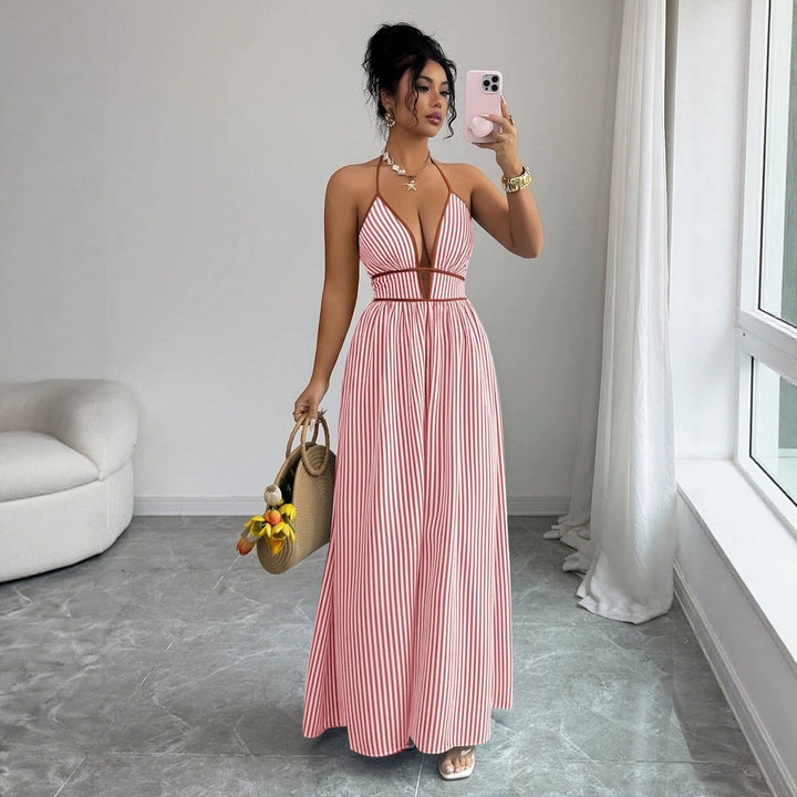 Women's Striped Halter Maxi Dress with Deep V-Neck and Waist Cut-Out Mune Fashion