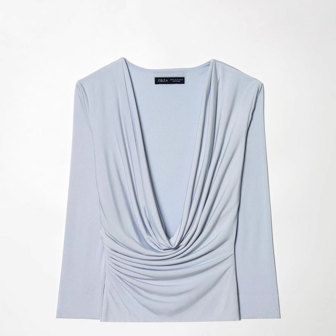 Women's Draped Jersey Mini Dress with Deep Waterfall Neckline and Side Cord Mune Fashion