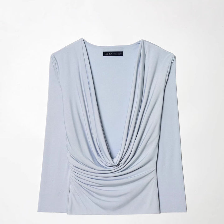 Women's Draped Jersey Mini Dress with Deep Waterfall Neckline and Side Cord Mune Fashion