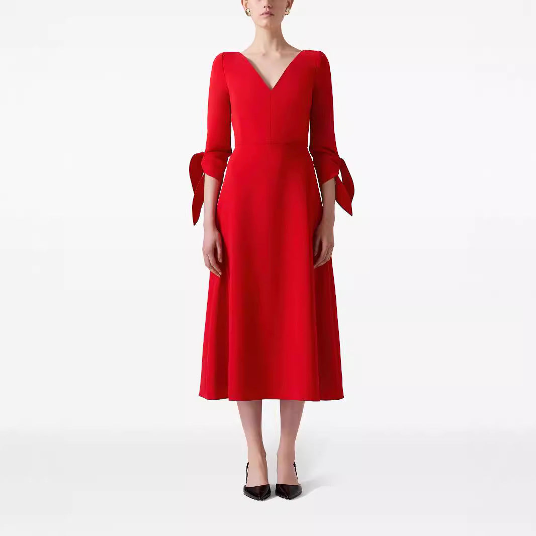 Women's Tailored Midi Dress with V-Neck and Bow Cuffs Mune Fashion