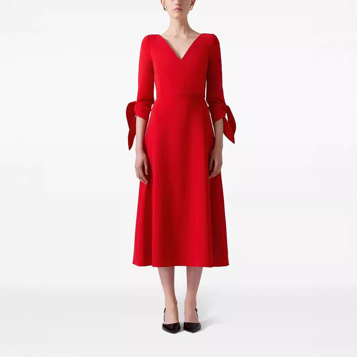 Women's Tailored Midi Dress with V-Neck and Bow Cuffs Mune Fashion