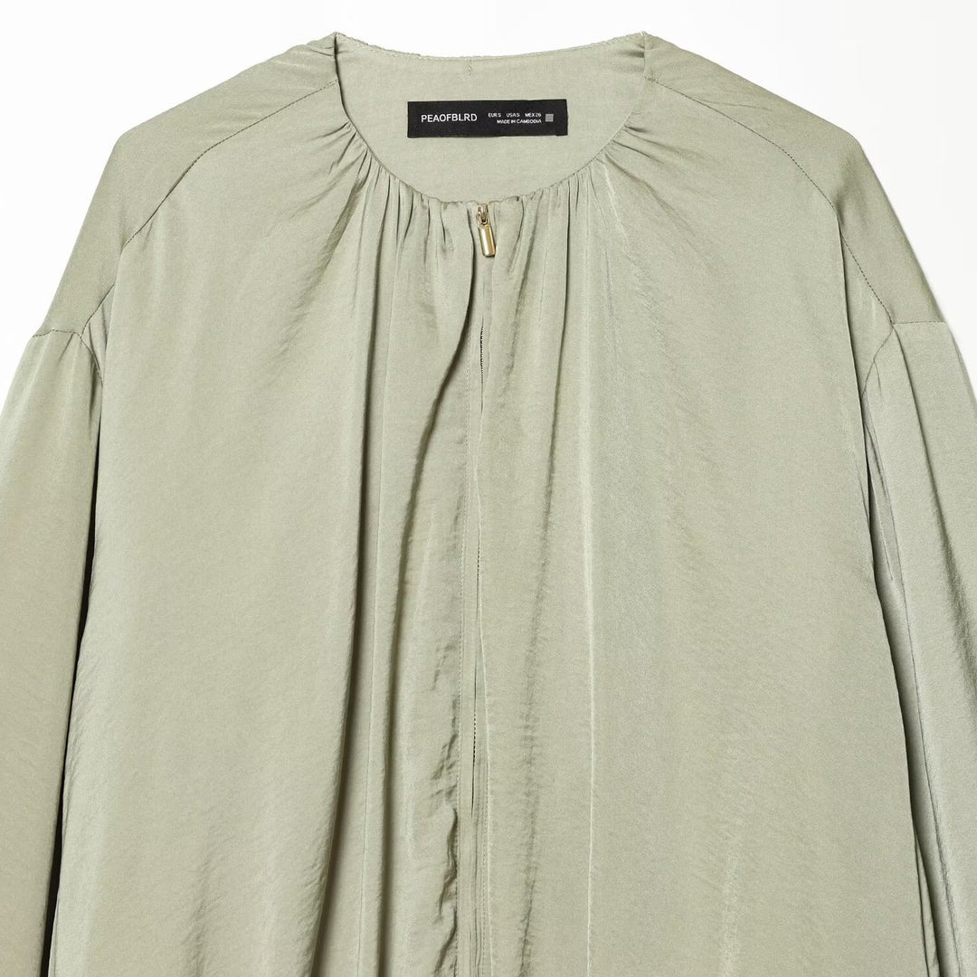 Women's Lightweight Cropped Blouson Jacket with Round Neck, Balloon Sleeves, and Drawstring Hem Mune Fashion