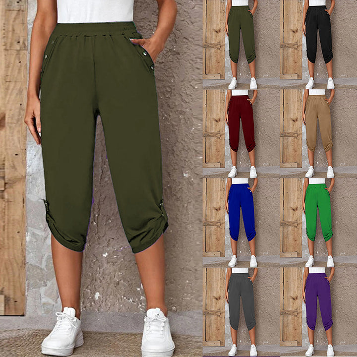 Women's casual three-quarter length pants with elastic waistband, side pockets and roll-up hem Mune Fashion