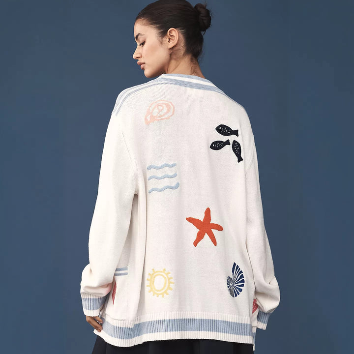 Women's Oversize Knit Cardigan with Maritime Embellishments Mune Fashion