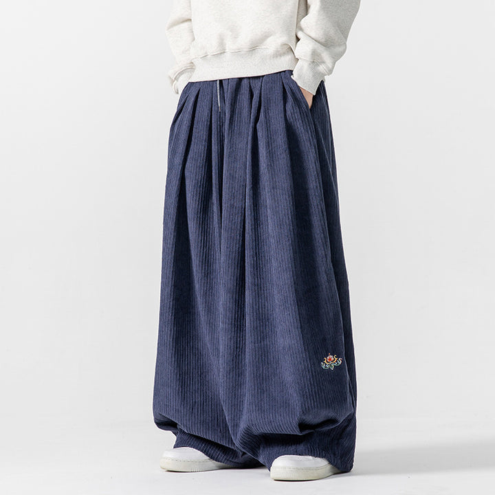 Men's Extra Wide Pleated Pants with Ribbed Texture and Drawstring Mune Fashion