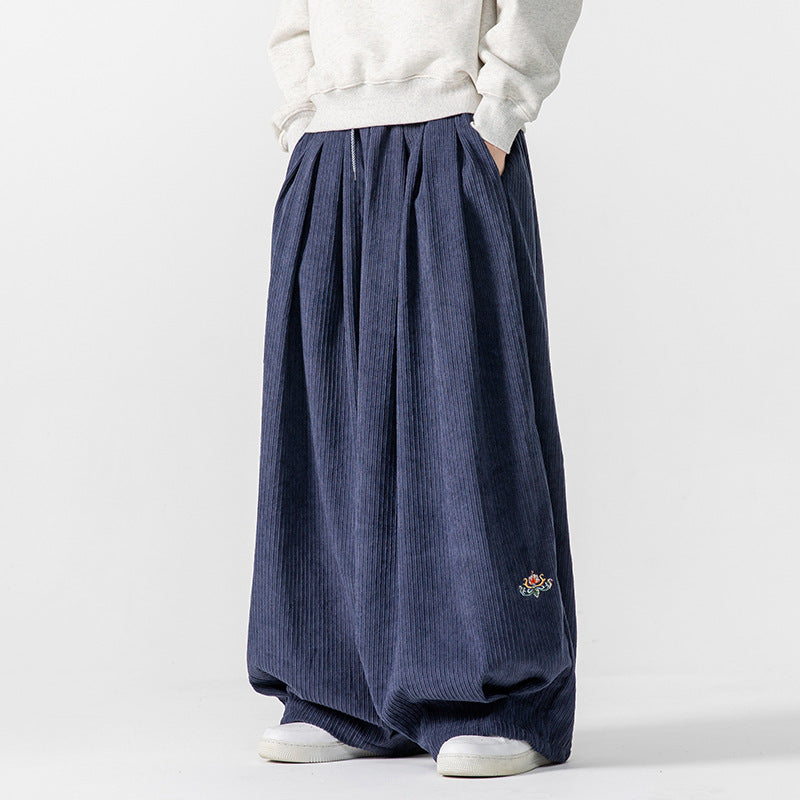 Men's Extra Wide Pleated Pants with Ribbed Texture and Drawstring Mune Fashion