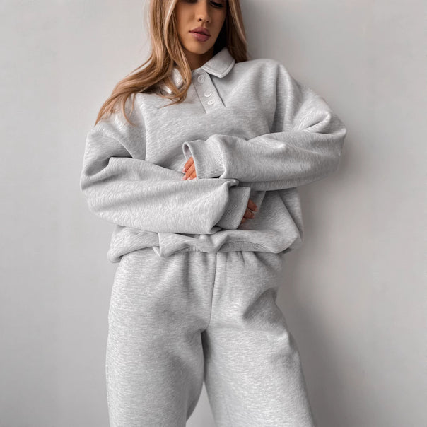 Women's Polo Sweatshirt and Relax Fit Jogging Pants Set made of French Terry Mune Fashion