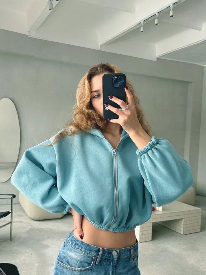 Women's oversized hooded jacket short cut with elastic hem and balloon sleeves Mune Fashion