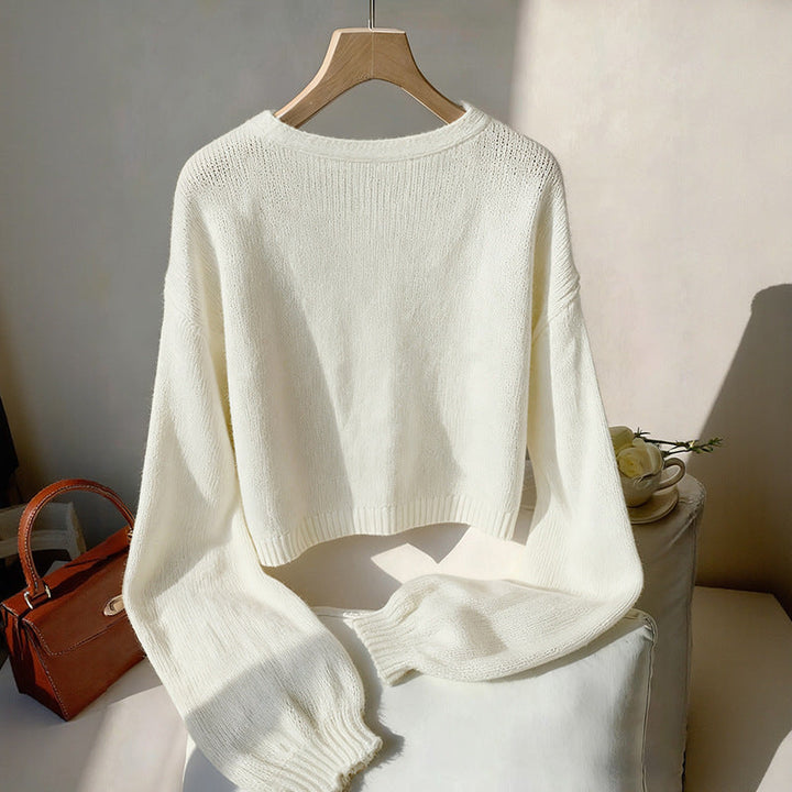 Women Short Cut V-Neck Mohair Blend Sweater with Satin Ribbons