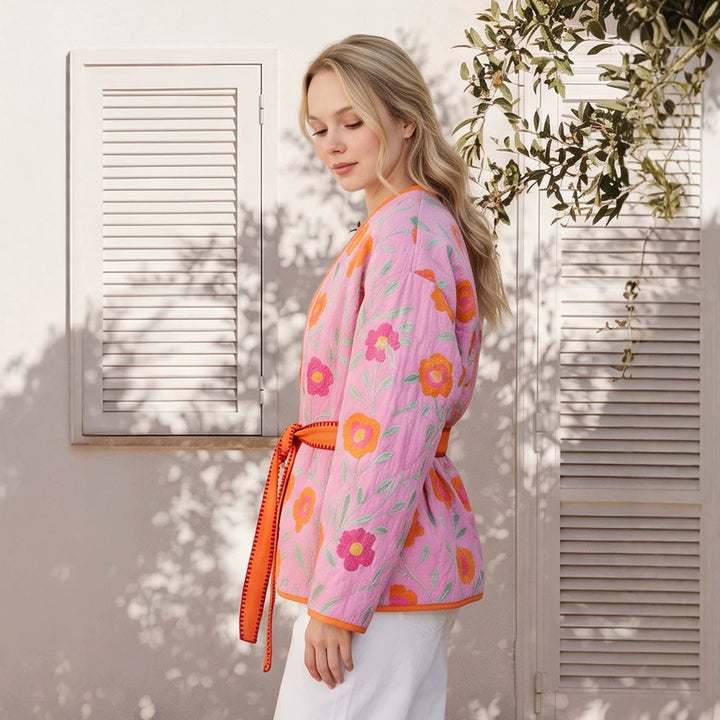 Women's Quilted Floral Kimono with Tie Belt Mune Fashion