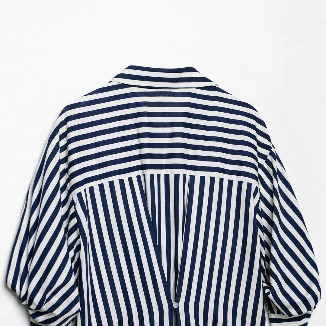 Women Oversized Shirt Blouse with Maritime Pinstripes and Three-Quarter Length Balloon Sleeves Mune Fashion
