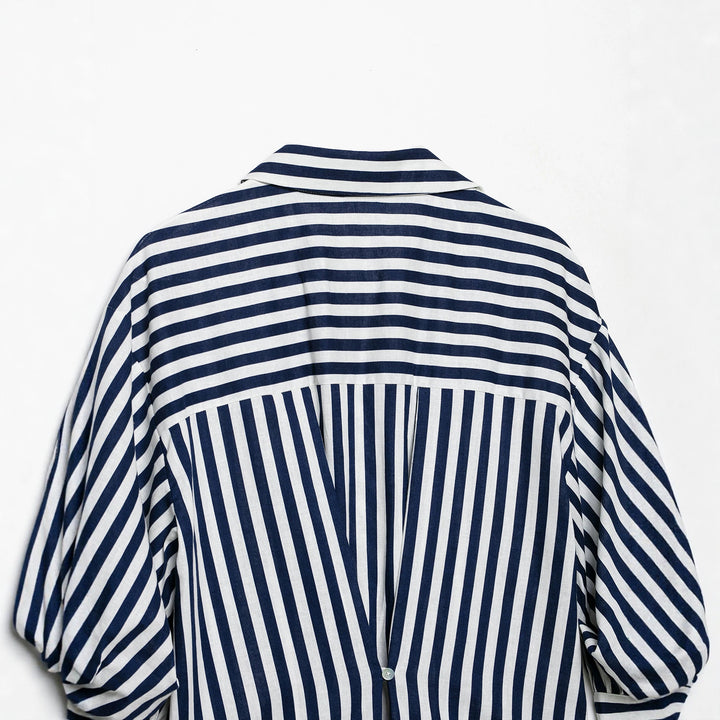 Women Oversized Shirt Blouse with Maritime Pinstripes and Three-Quarter Length Balloon Sleeves Mune Fashion
