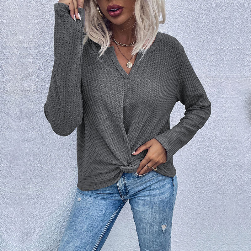 Women Waffle Knit Long Sleeve with V-neck and Knot Front Mune Fashion