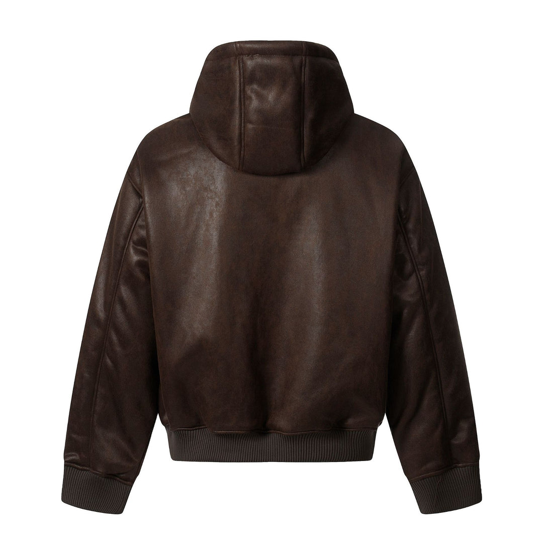 Men's hooded leather jacket with teddy lining and ribbed cuffs Mune Fashion