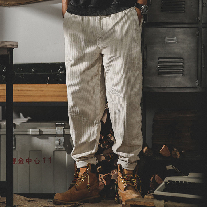 Men's Relaxed-Fit Fine Cord Pants with Elastic Waistband, Cord Structure and Cuffed Hem Mune Fashion