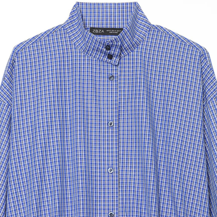 Women's checkered short-cut blouse shirt with stand collar, balloon sleeves, and drawstring