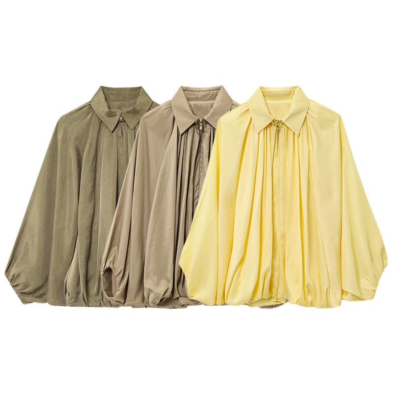 Women's wide pleated shirt blouse jacket with shirt collar, zipper and balloon-shaped hem Mune Fashion