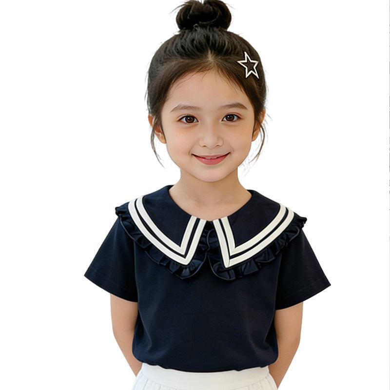 Girls T-shirt with elegant ruffled collar and maritime stripes Mune Fashion