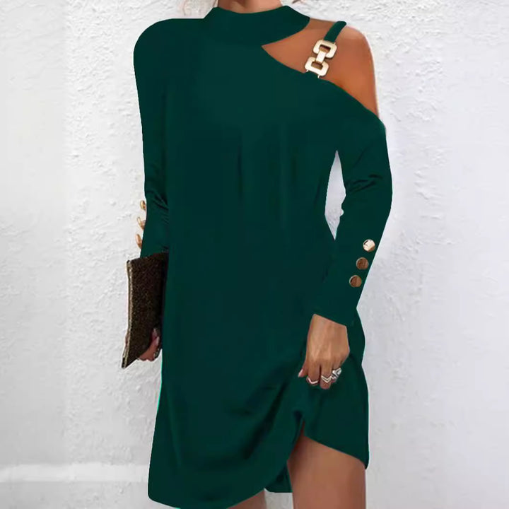 Women nan asymmetrical mini dress with stand collar, cut-out shoulder and decorative chain straps Mune Fashion