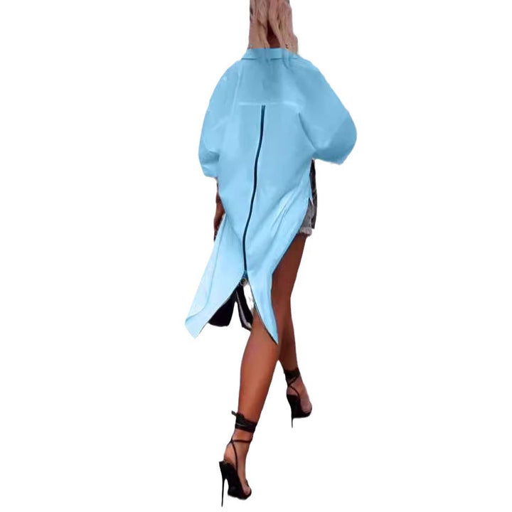 Ladies' oversized shirt dress with central back zipper, split tail hem, and elbow-length batwing sleeves Mune Fashion