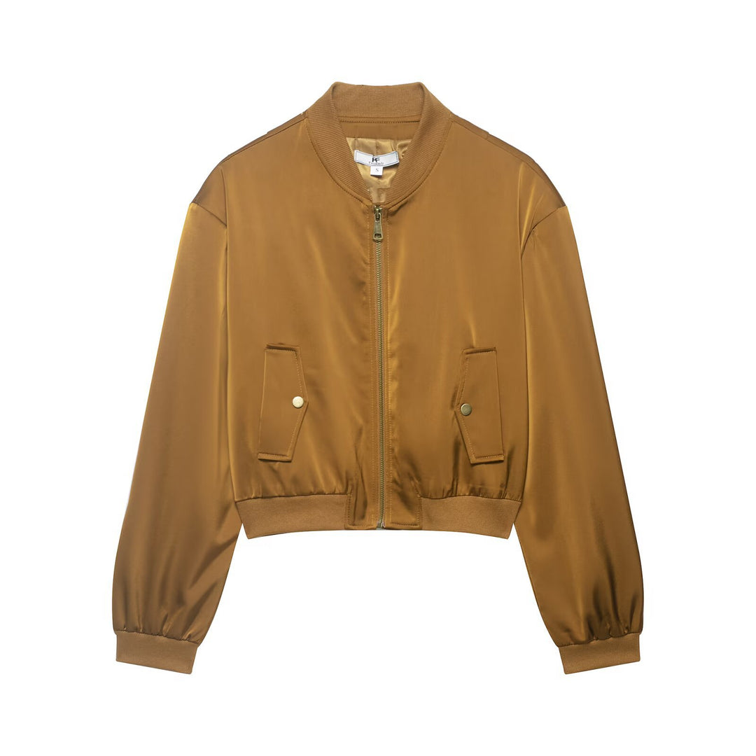 Women's Short Cut Satin Bomber Jacket with Ribbed Cuffs and Snap Button Pockets Mune Fashion