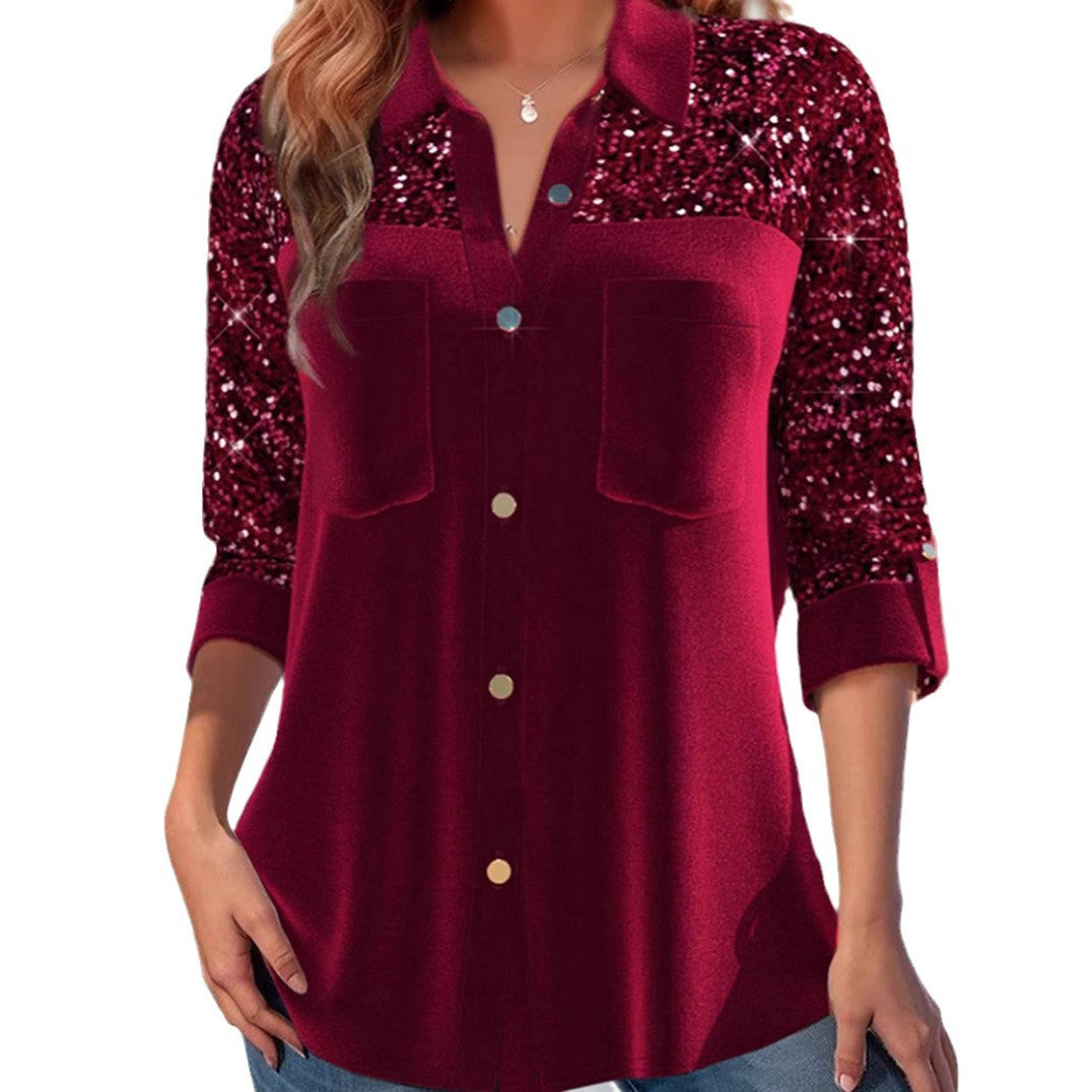 Women Sequin-Embellished Tunic Blouse with Shirt Collar, Breast Pockets and Casual Fit Mune Fashion