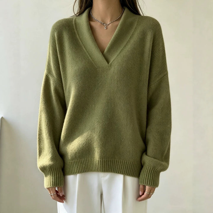 Women Cashmere-Touch V-Neck Relax Sweater with Raglan Sleeves Mune Fashion