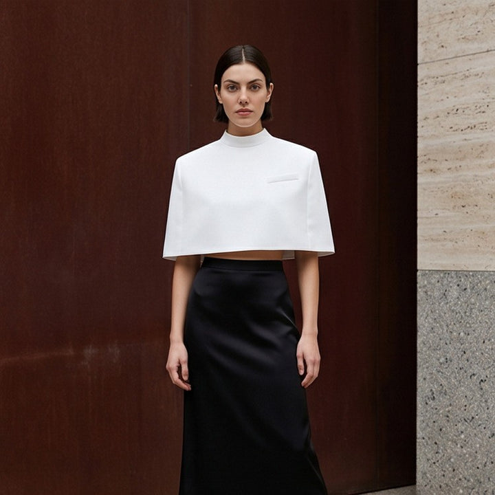 Women Short-Cut Sculptural Cape Top with Stand Collar Mune Fashion