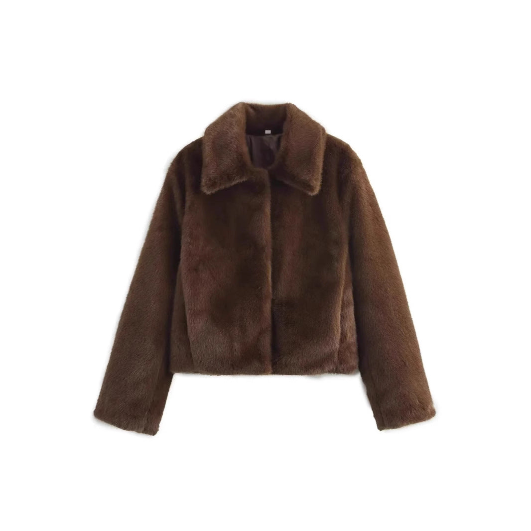 Women's Short Boxy Faux Fur Jacket with Shirt Collar and Dense High-Pile Texture Mune Fashion