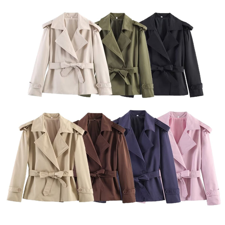 Women's Tailored Cropped Trench Coat with Wide Lapels, Belt and Epaulettes Mune Fashion