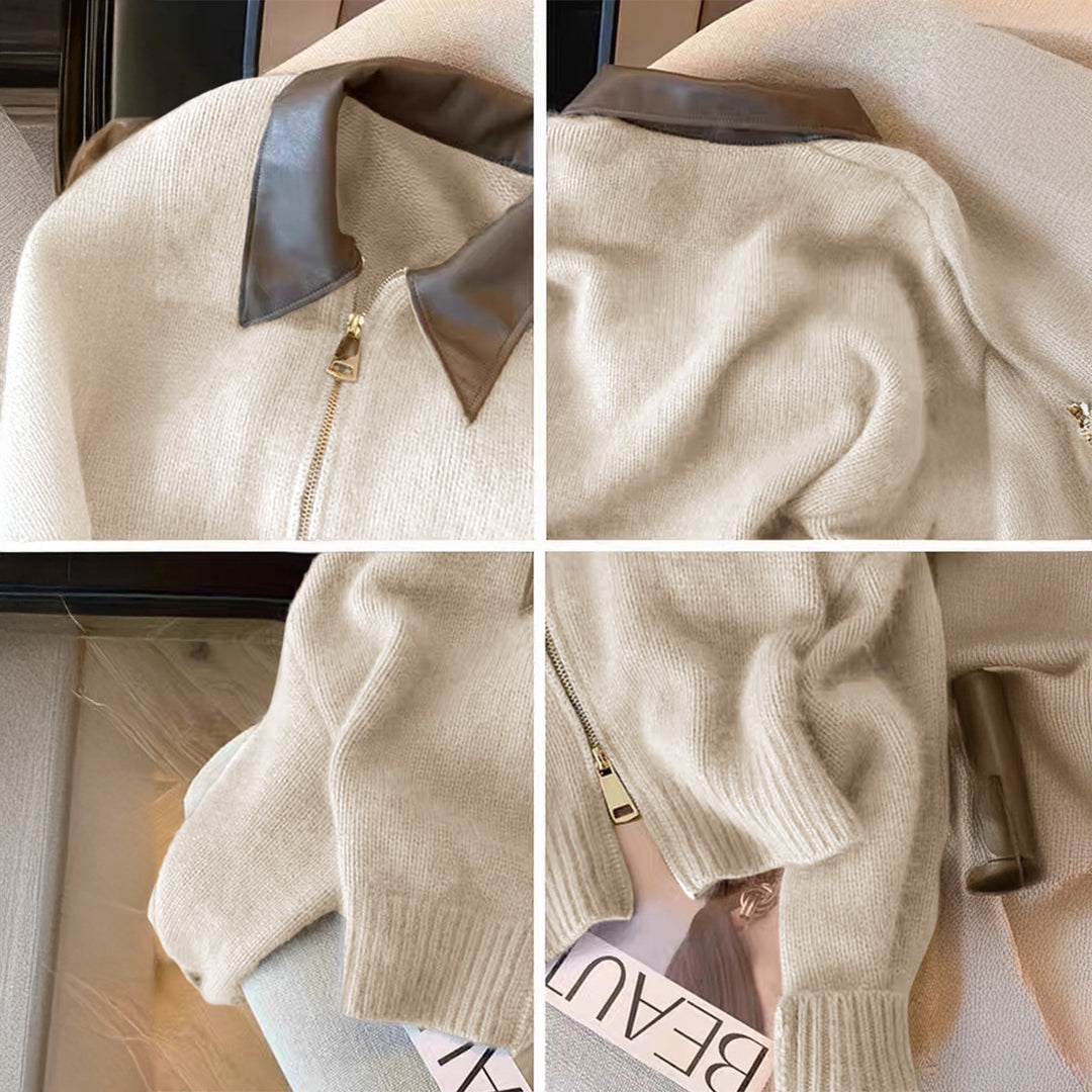Women's short-cut knitted blouse with faux leather collar and gold-colored metal zipper Mune Fashion