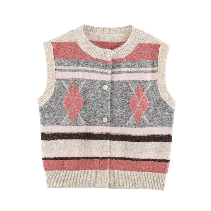 Ladies Sleeveless Argyle Knitted Vest with Continuous Button Placket and Ribbed Hem Mune Fashion