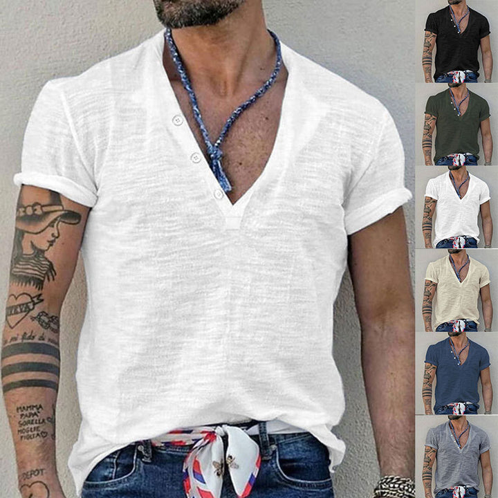 Men's short sleeve Henley style shirt made of slub cotton jersey with short button placket Mune Fashion