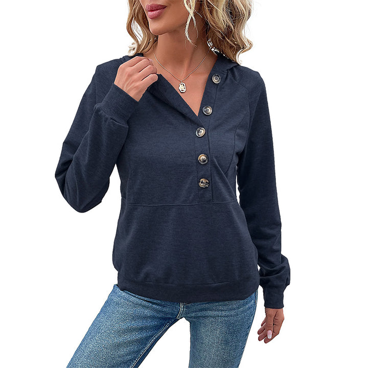 Ladies hooded sweatshirt with asymmetric button placket and raglan sleeves Mune Fashion
