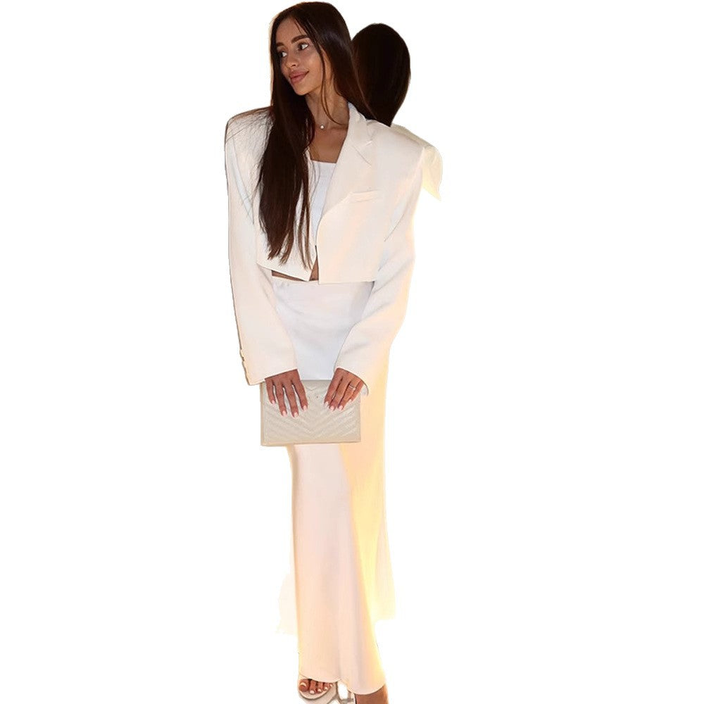 Women's Short Blazer and Maxi Skirt Two-Piece Set in Flowing Satin with Tailored Waist Mune Fashion