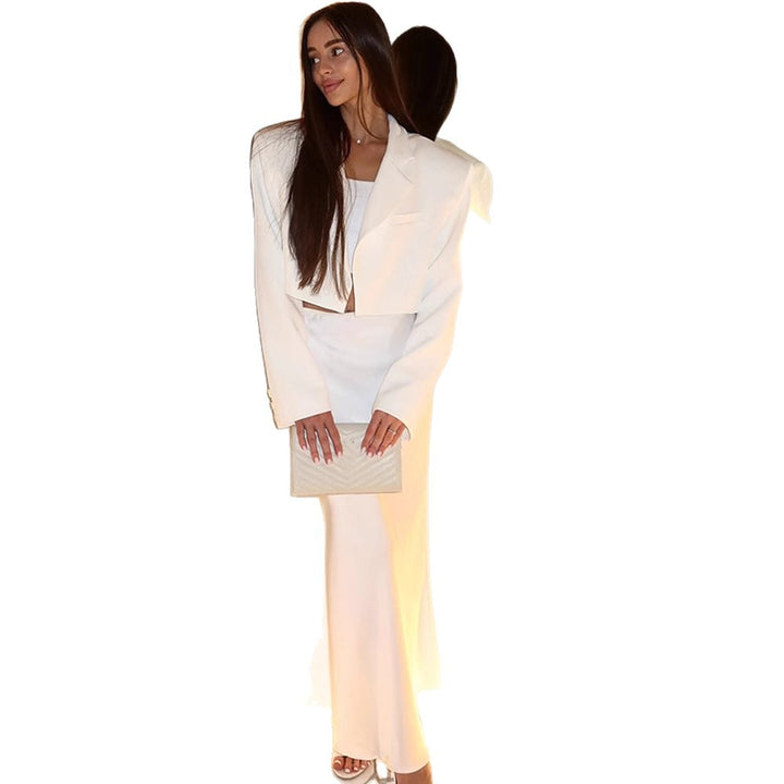 Women's Short Blazer and Maxi Skirt Two-Piece Set in Flowing Satin with Tailored Waist Mune Fashion